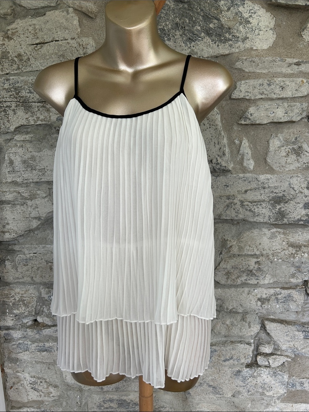 Tristan Pleated Spaghetti Strap Tank with Black Trim